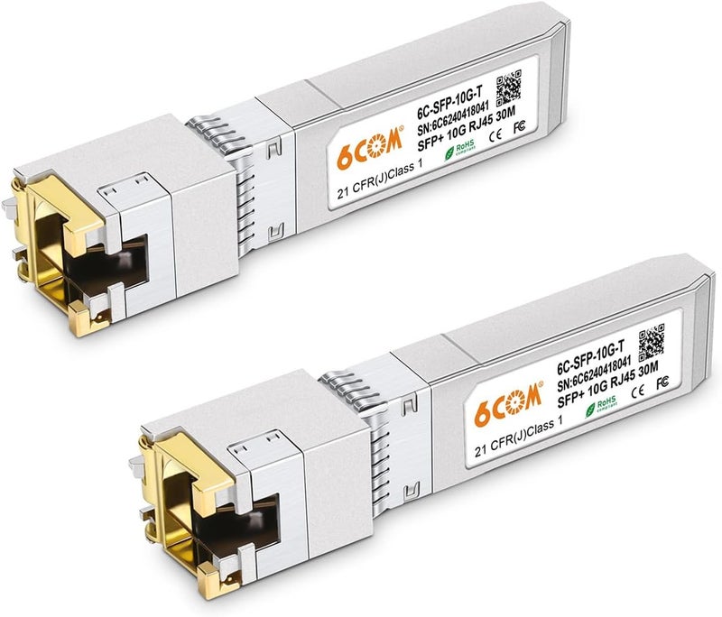 6COM 2Pack 10GBase-T SFP+ Transceiver, 10Gb SFP+ to RJ45 Copper SFP Module, Compatible for Cisco SFP-10G-T-S, Ubiquiti uacc-cm-rj45-mg, Netgear, Mikrotik, TP-Link(CAT.6a/7, 30m/98.4ft) - Image 1